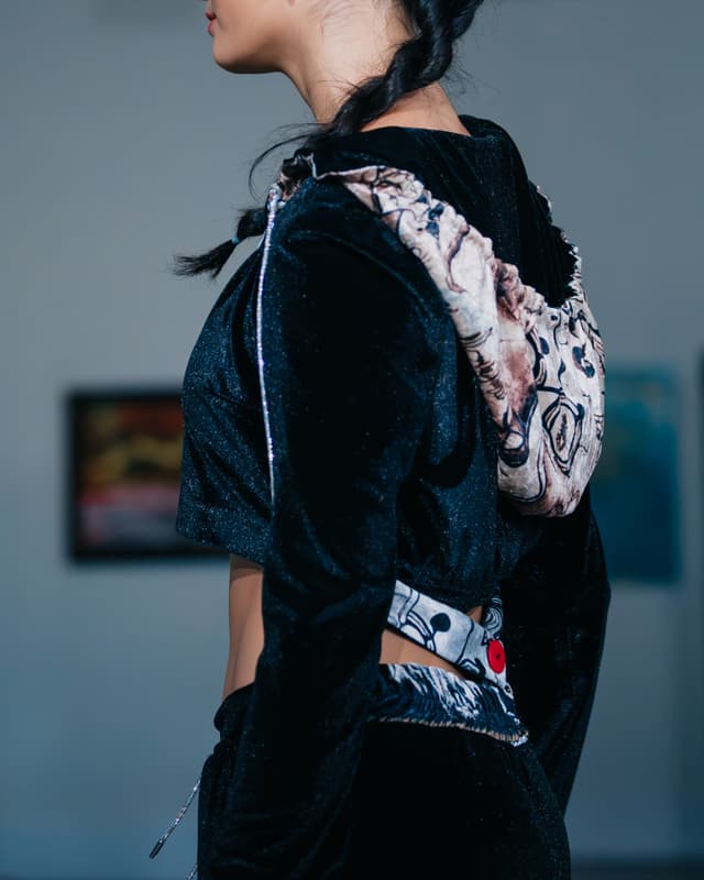 Cropped Black Velvet Zipped Hoodie + Flare Trousers