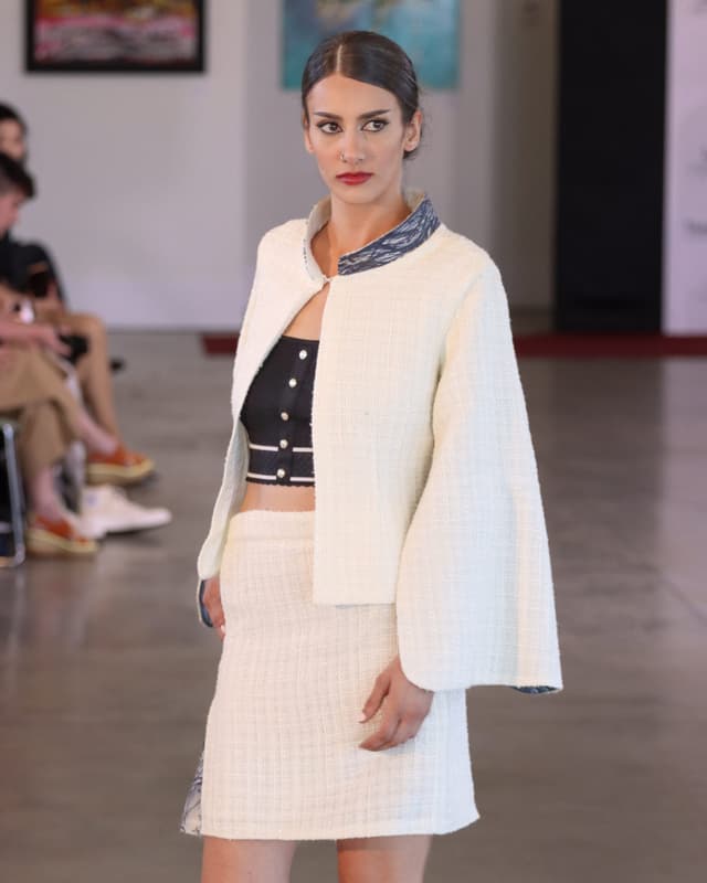 White Tweed Jacket With Peek A Boo Sleeves & Skirt