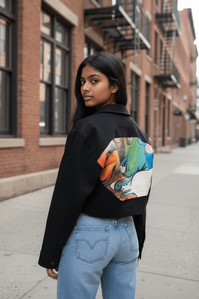 Cropped Black Jean Jacket with Art