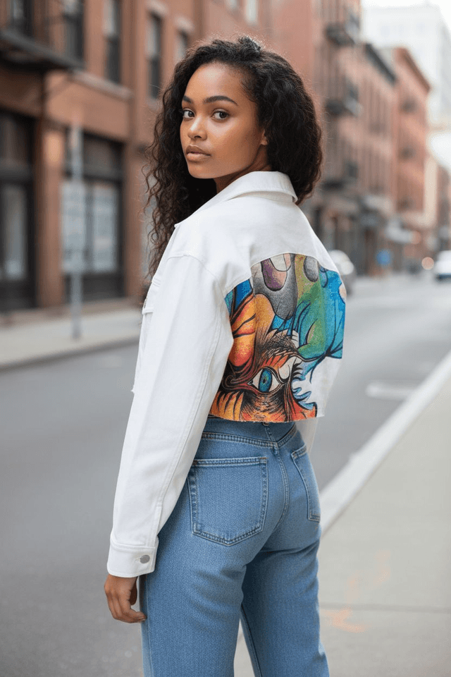 Cropped White Jean Jacket with Art