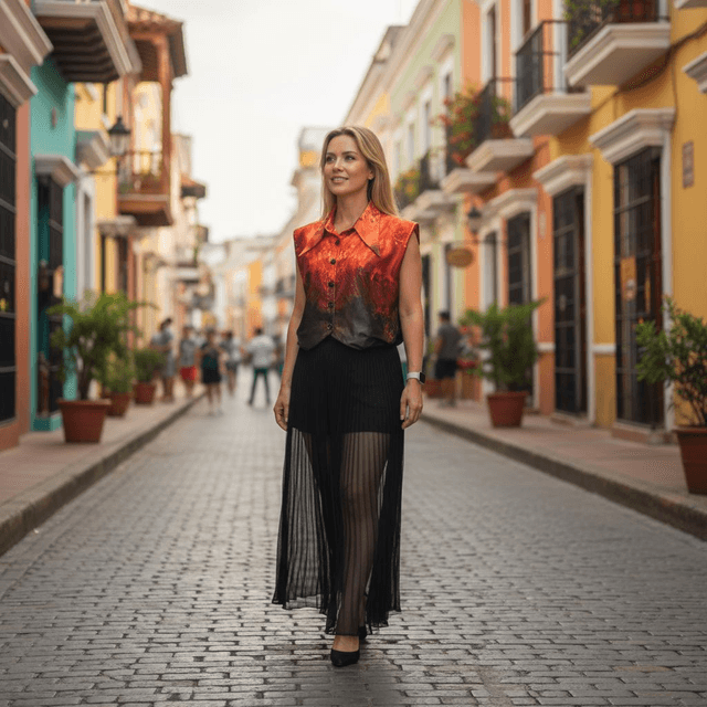 Red Sleeveless Art Silk Dress Shirt With Original Art