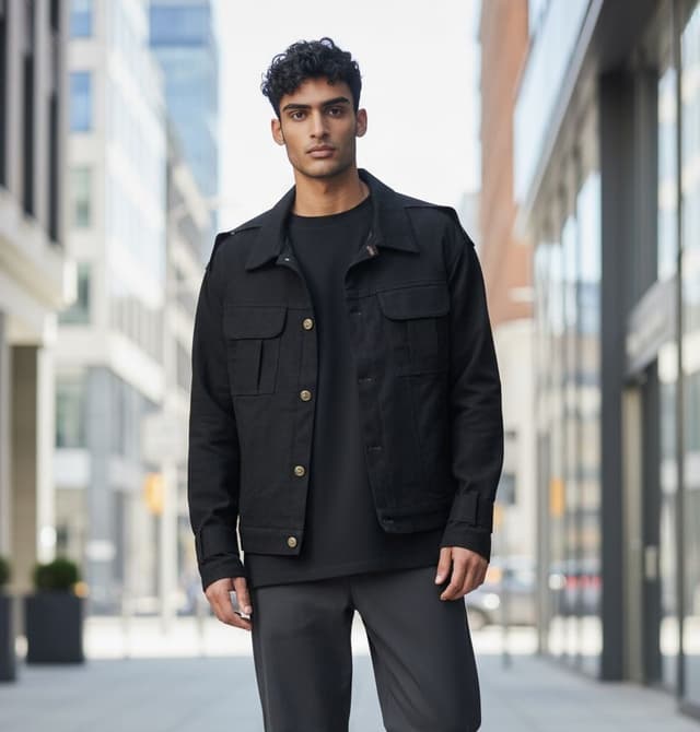 Cropped Black Insilated Jean Jacket with Heart Art Lining For Men