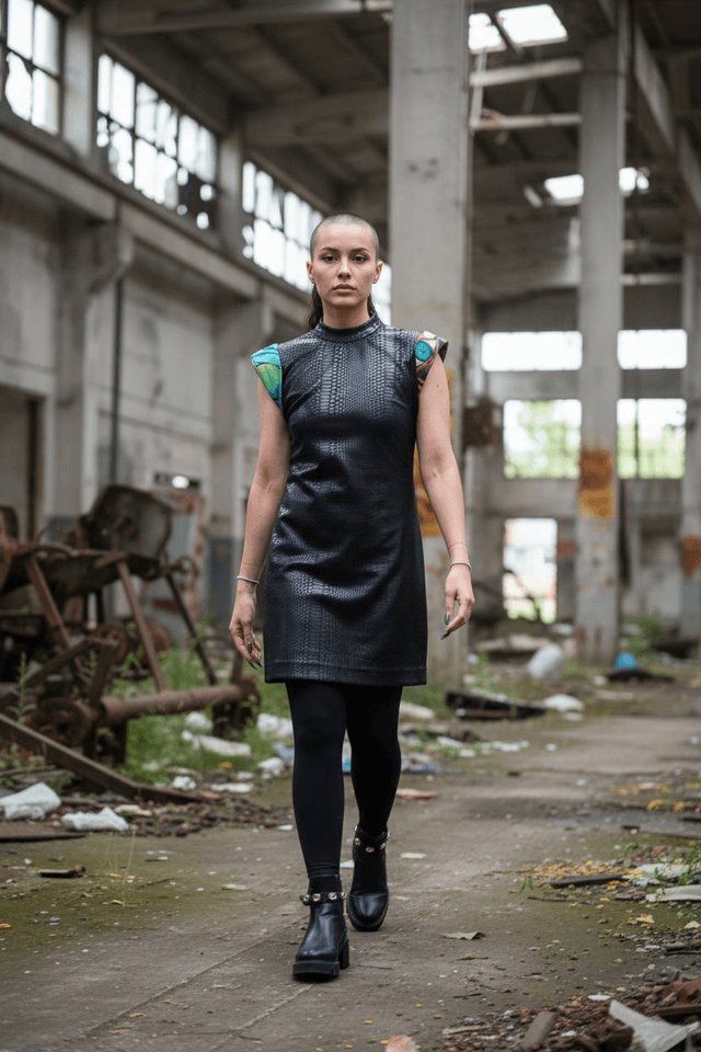 Knee Length Dress with Art Bold Shoulder (Faux Leather)