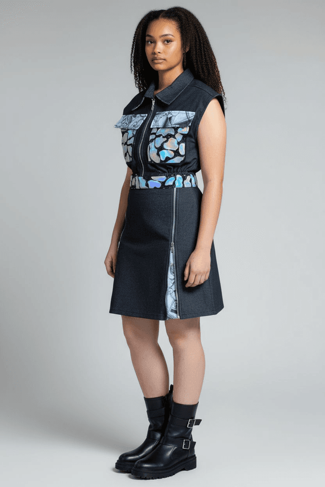 Cropped Vest With Reflective Accents and Art On Pockets With Skirt