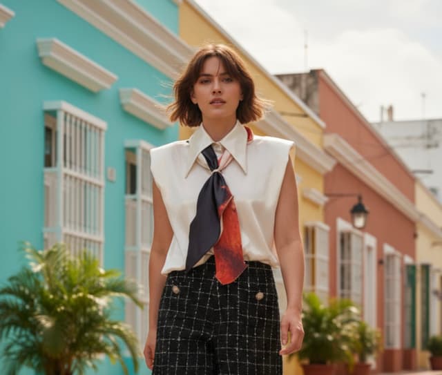 Sleeveless Art Silk Dress Shirt In White With Art Silk Scarf  Original Art