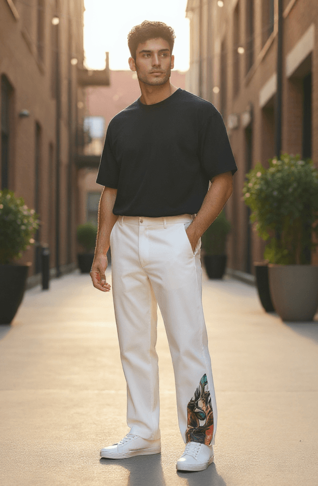 White Jeans with Art on Sides for Men