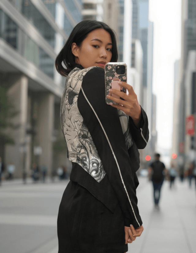 Cropped A Symmetrical Jacket With Sparkle Piping Plus Black Shorts