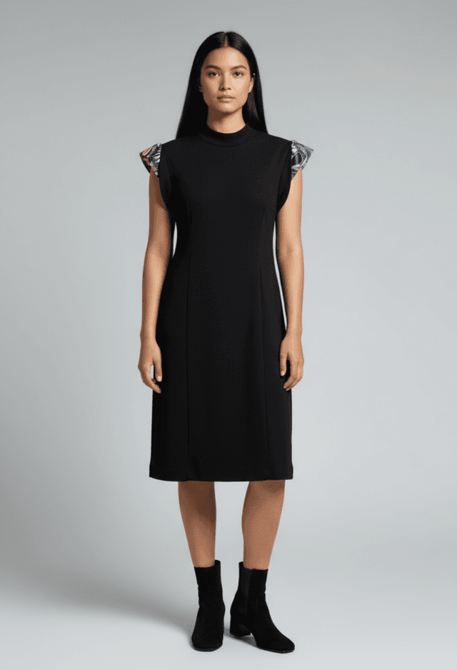 Knee Length Dress with Art Bold Shoulder (Smooth Black)