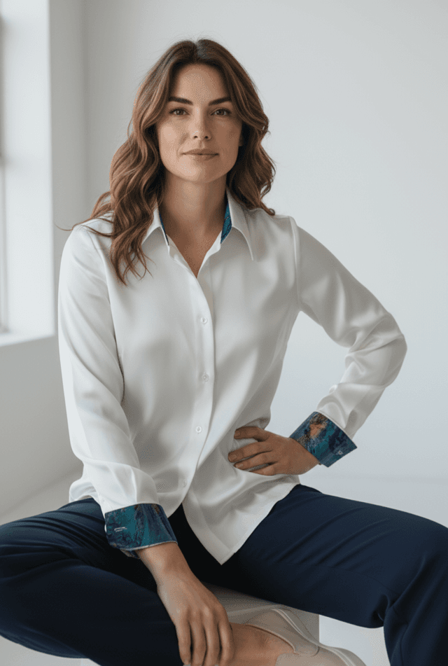 Long Sleeve Art Silk Dress Shirt With Art Accents on Collar and Cuffs