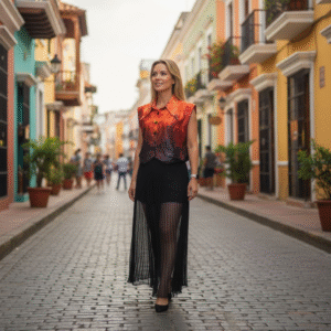 Red Sleeveless Art Silk Dress Shirt With Original Art
