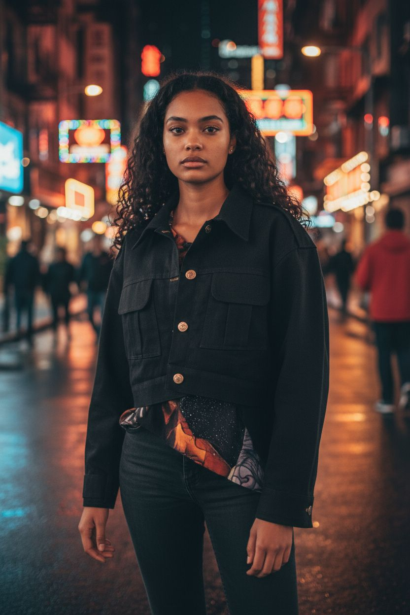 Cropped Black Insolated Jean Jacket with Heart Art Lining For Women