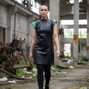 Knee Length Dress with Art Bold Shoulder (Faux Leather)