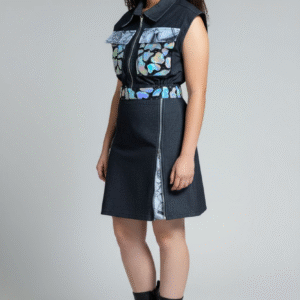 Cropped Vest With Reflective Accents and Art On Pockets With Skirt