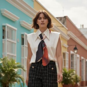 Sleeveless Art Silk Dress Shirt In White With Art Silk Scarf  Original Art