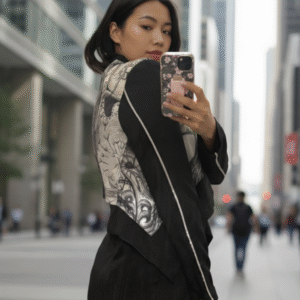 Cropped A Symmetrical Jacket With Sparkle Piping Plus Black Shorts